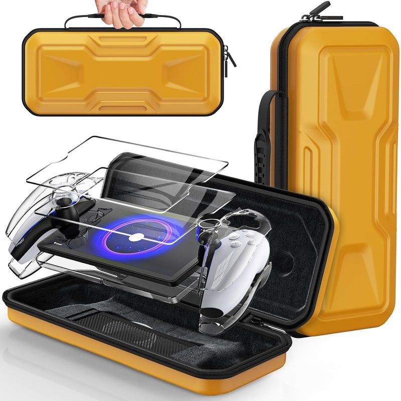 FYOUNG 3 in 1 Accessories Bundle for Playstation Portal, Carrying Case & Hard PC Clear Cover Set with Screen Protector, Protective Shell Portable Travel Handbag for PS5 Portal Remote Player-Yellow - Image 1